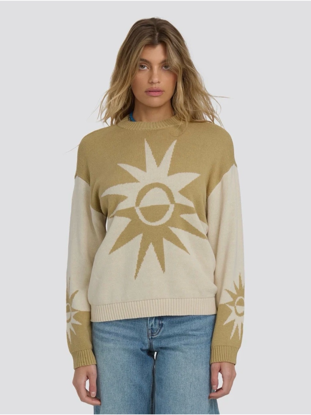 Billabong Sunburst Intarsia Crewneck Sweater - Beige & Cream